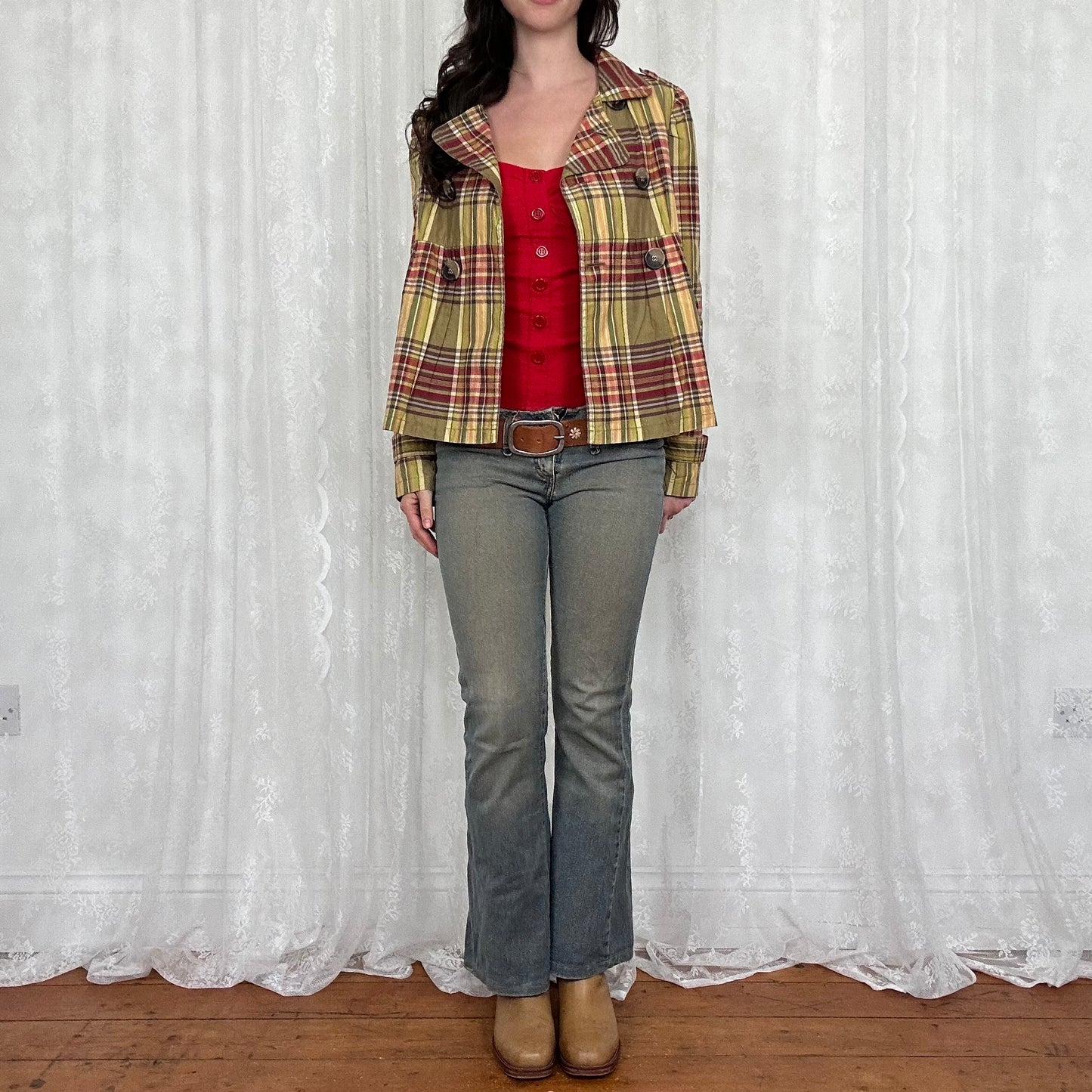 vintage 00s green checkered peacoat