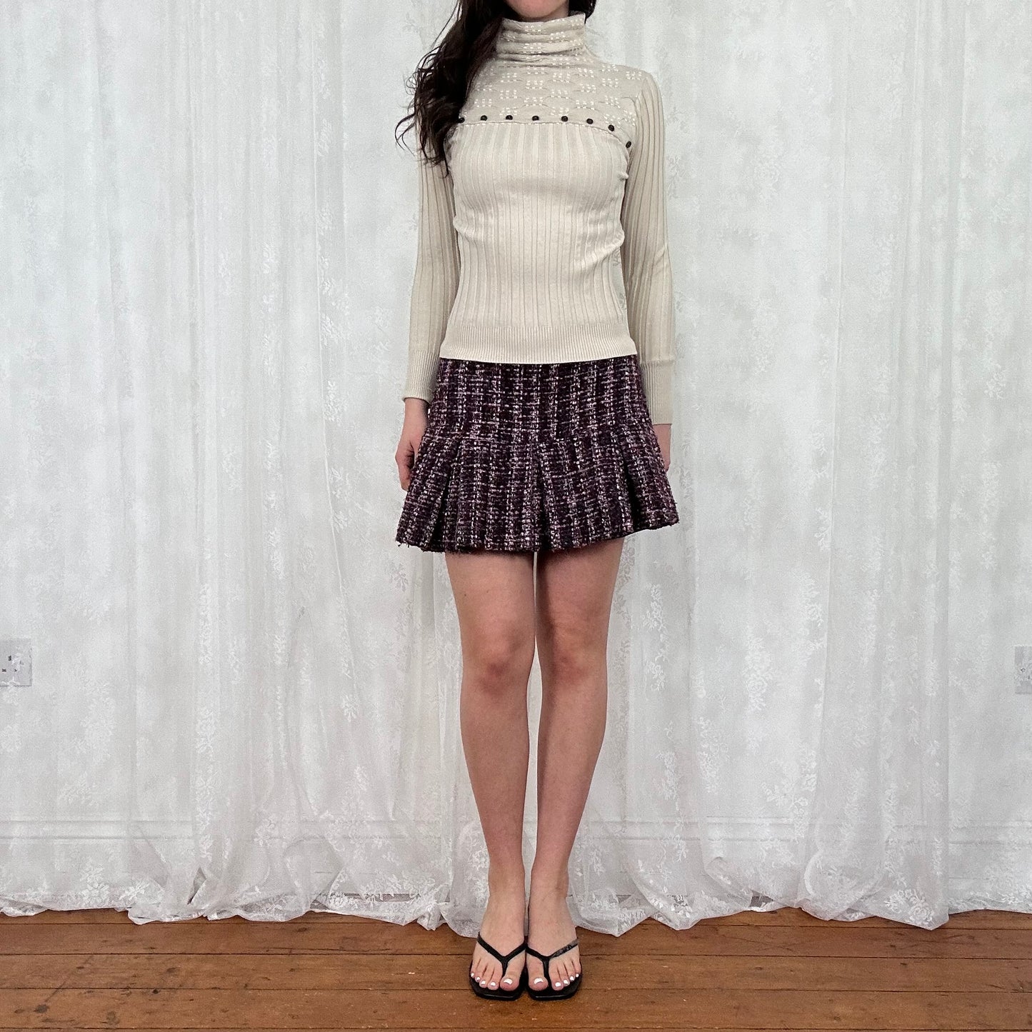 vintage 00s beige ribbed button long sleeve top