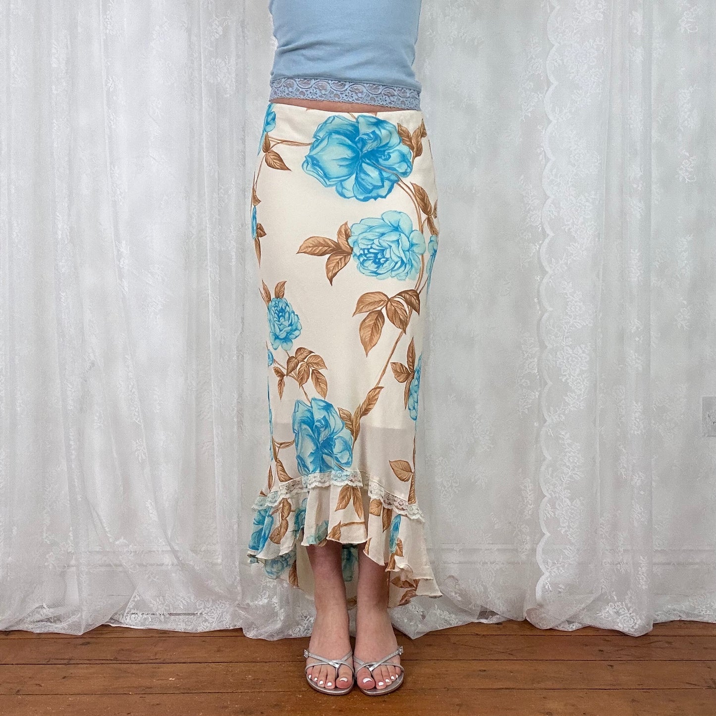 vintage 00s beige and blue floral mesh midi skirt