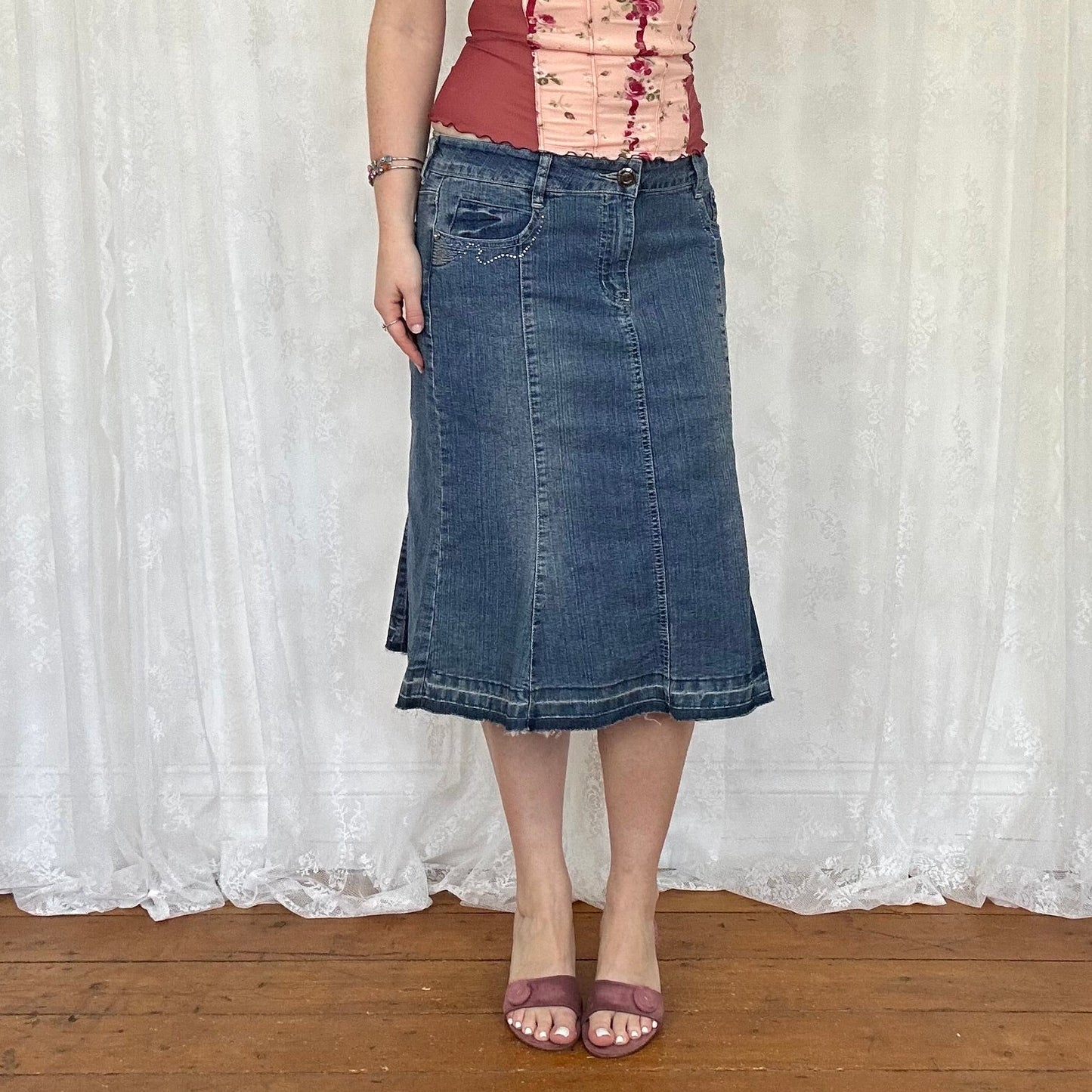 vintage 00s rhinestone detail denim midi skirt
