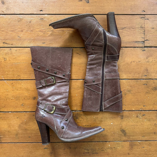 vintage 00s brown studded heeled destroy boots
