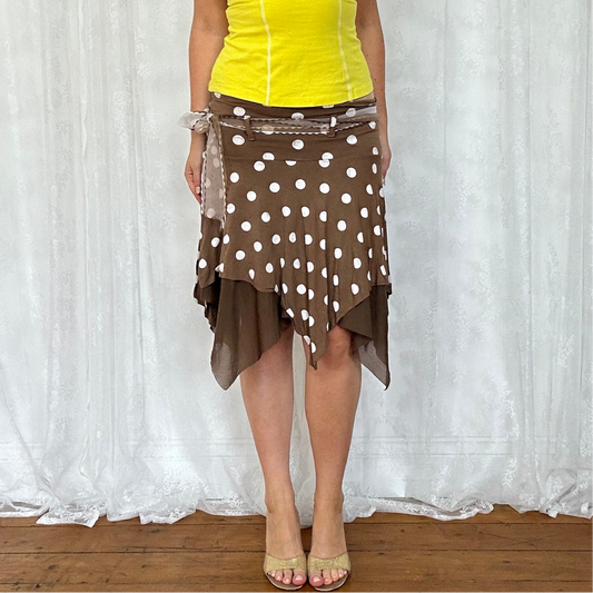 vintage 00s brown polka dot midi skirt with asymmetrical hem