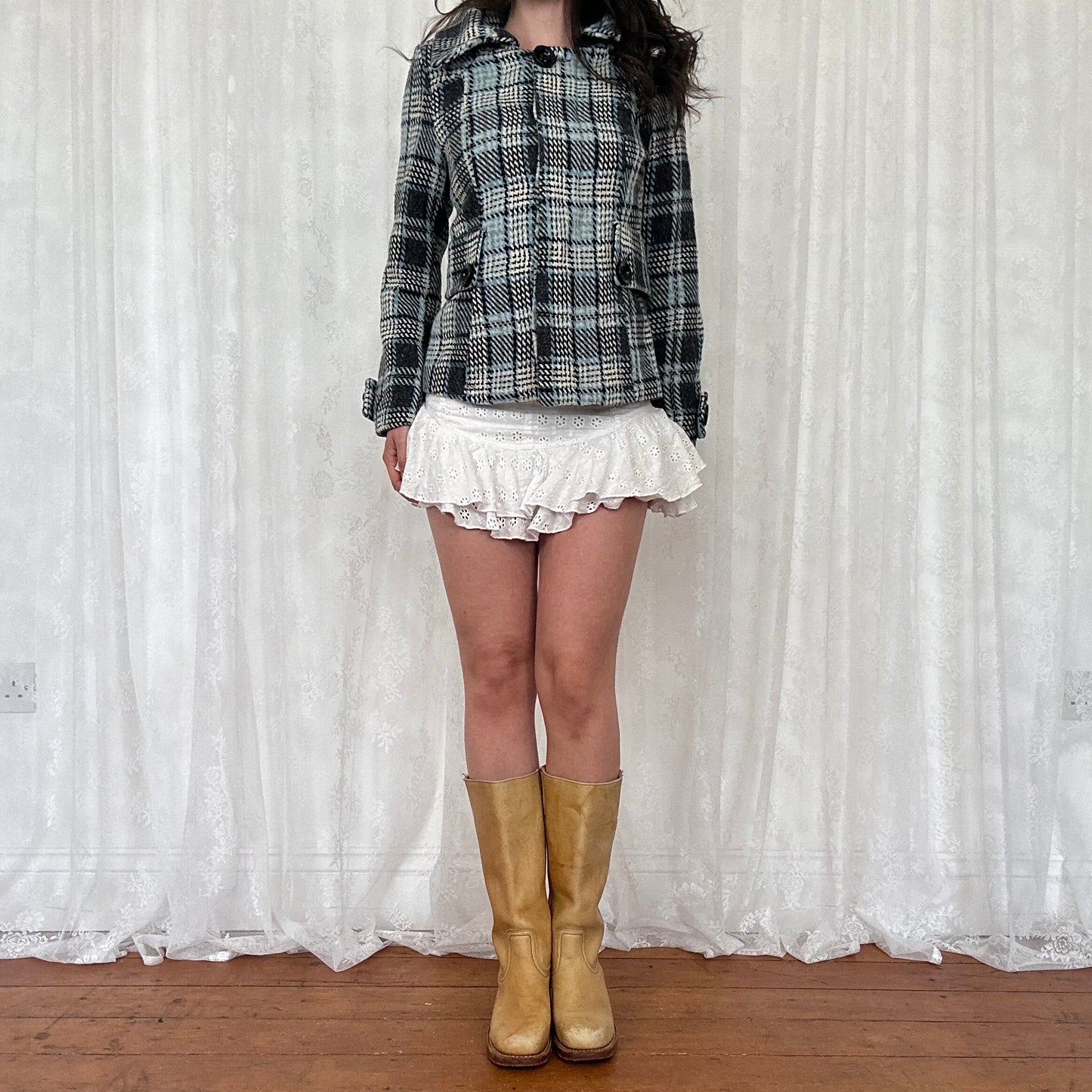 vintage 00s blue checkered button up peacoat
