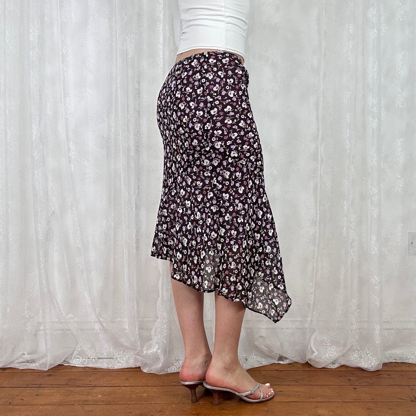 vintage 00s purple floral asymmetrical midi skirt