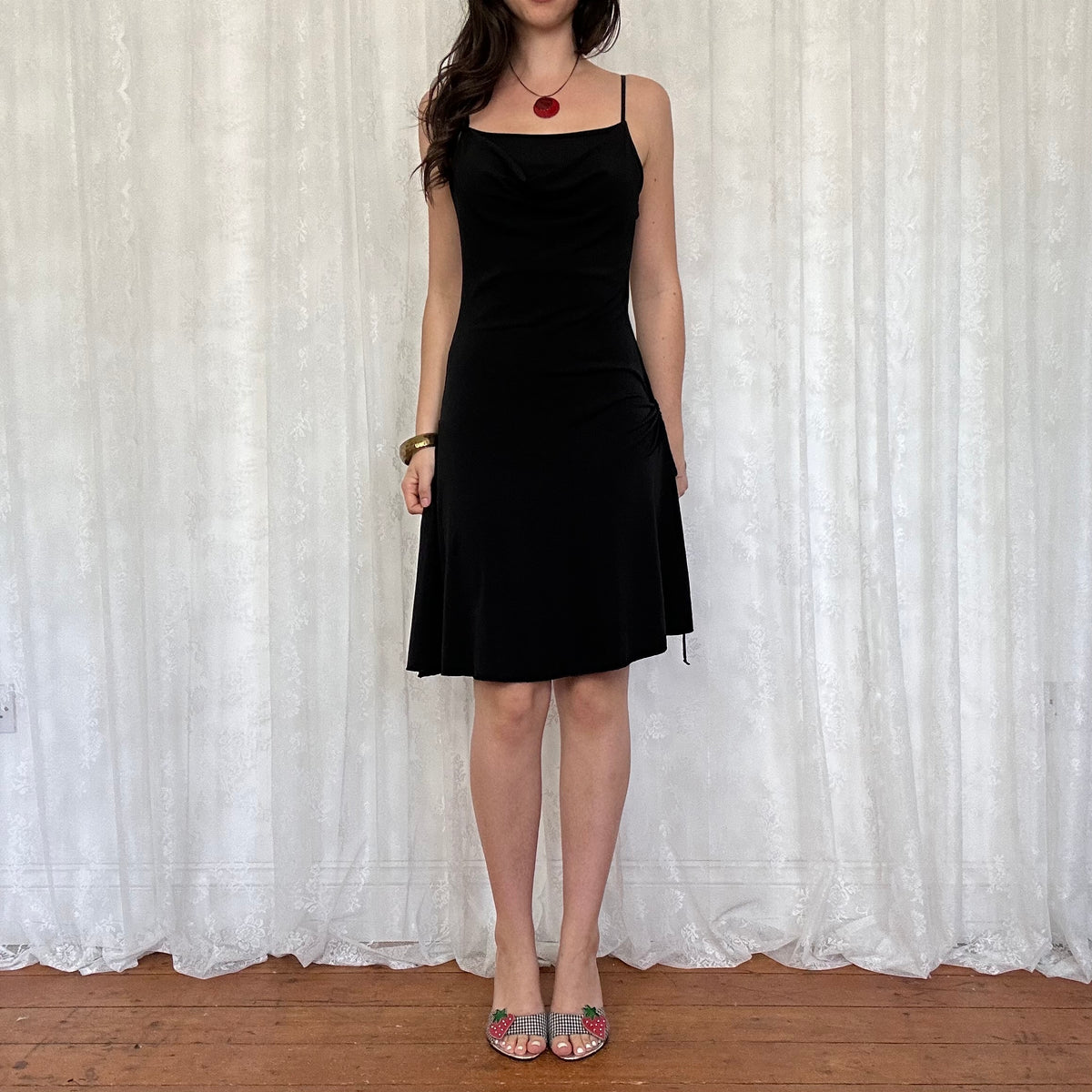 vintage 00s black slinky cowl neck midi dress