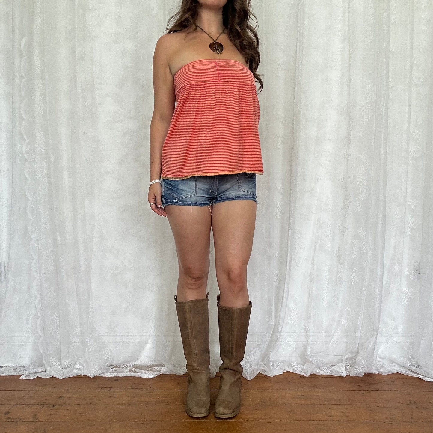 vintage 00s pink and orange stripe strapless top