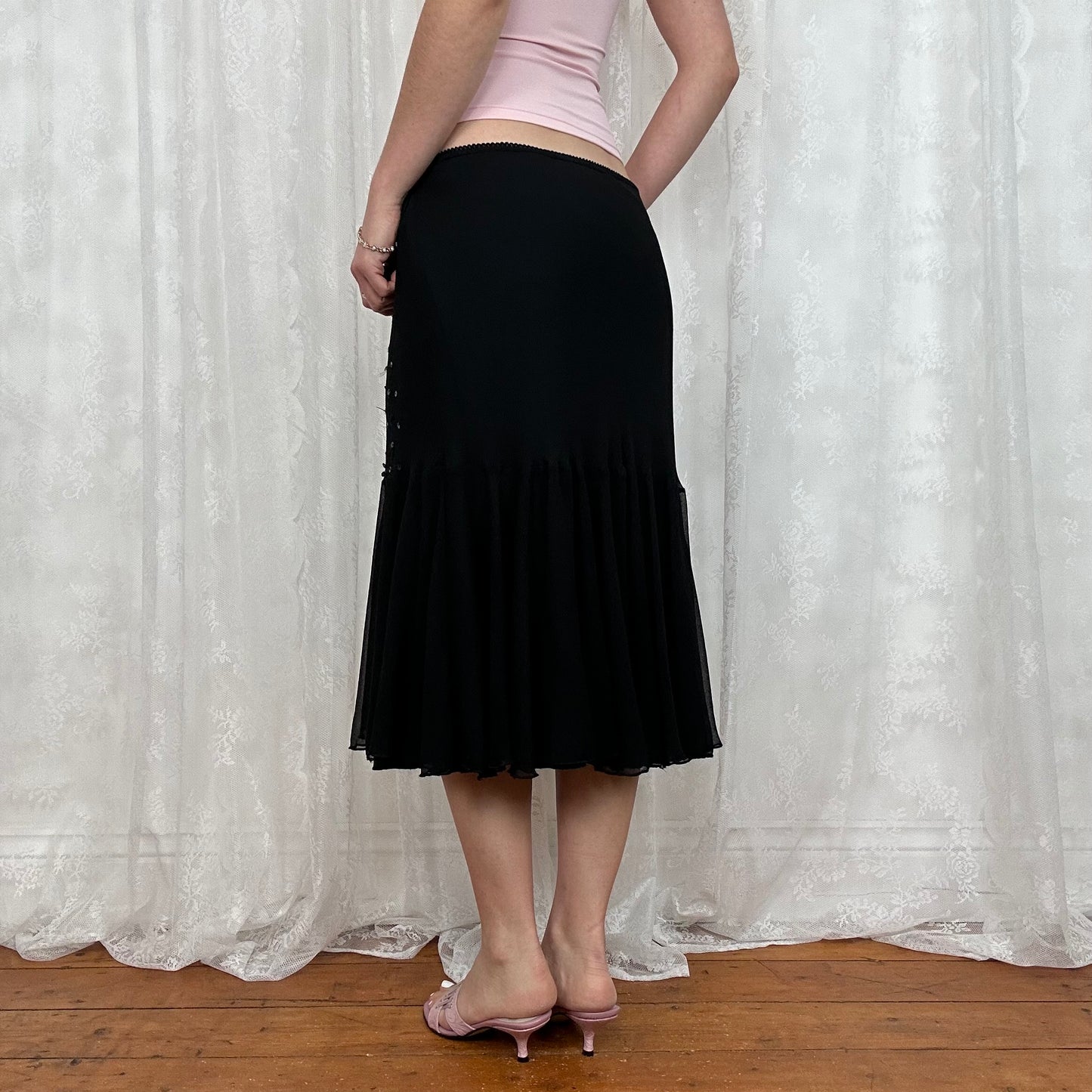 vintage 00s black mesh sequin midi skirt