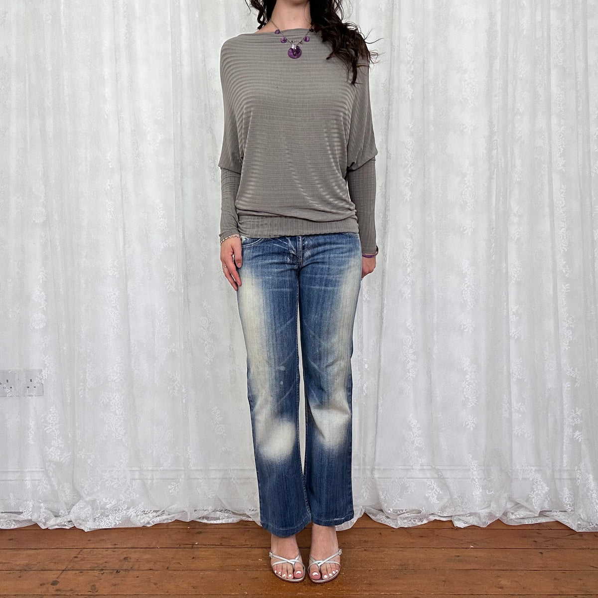 vintage 00s grey brown slouchy batwing top