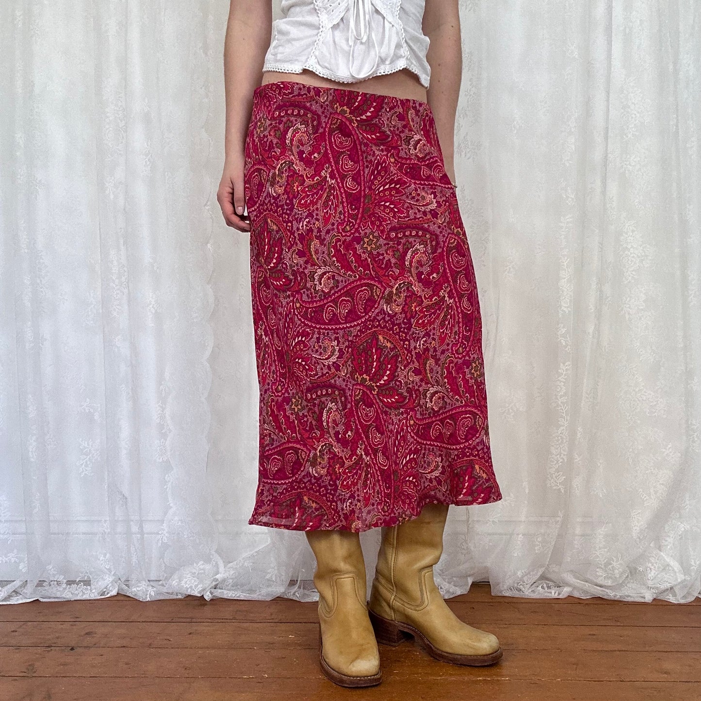 vintage 00s pink paisley print midi skirt