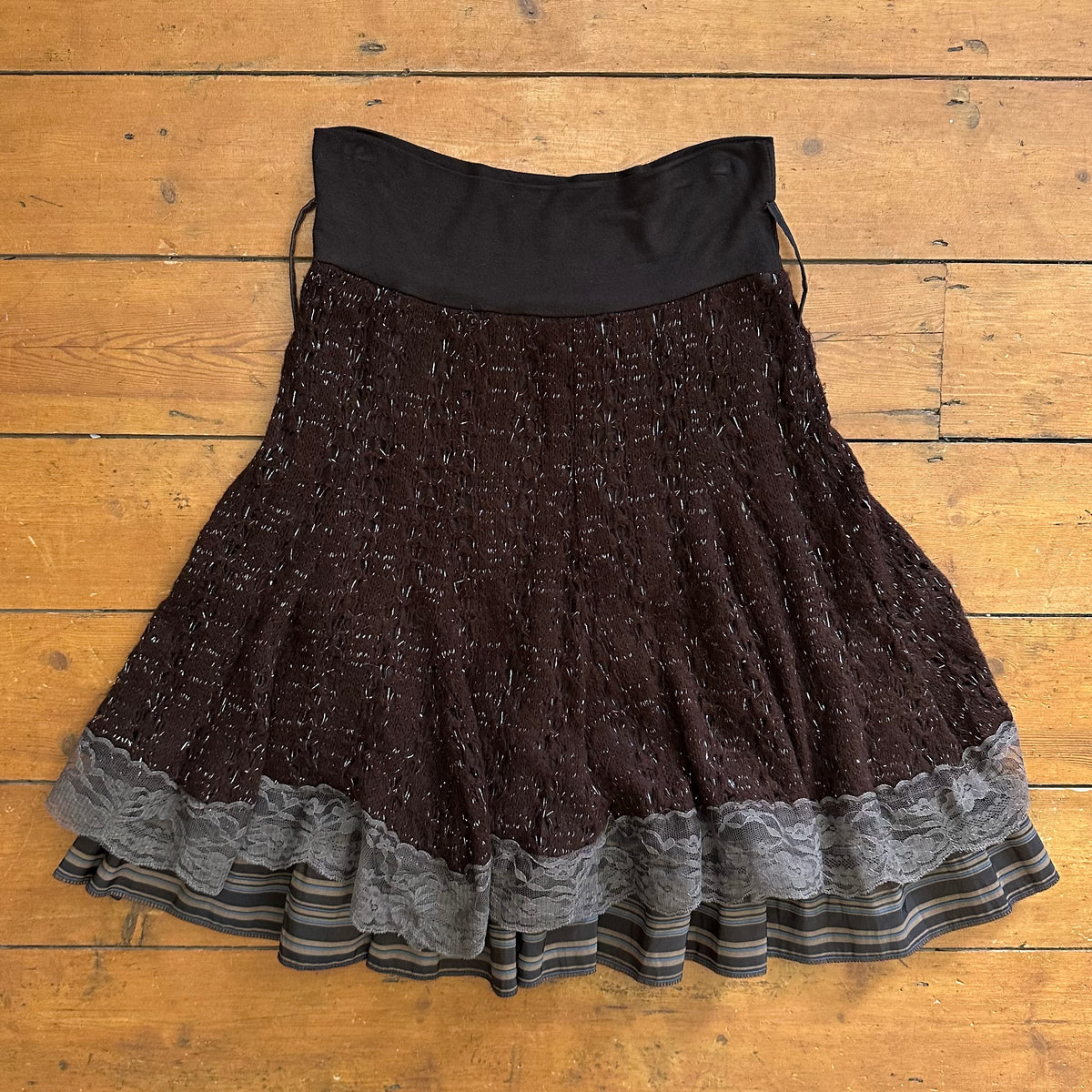 vintage 00s brown knitted lace fairy midi skirt
