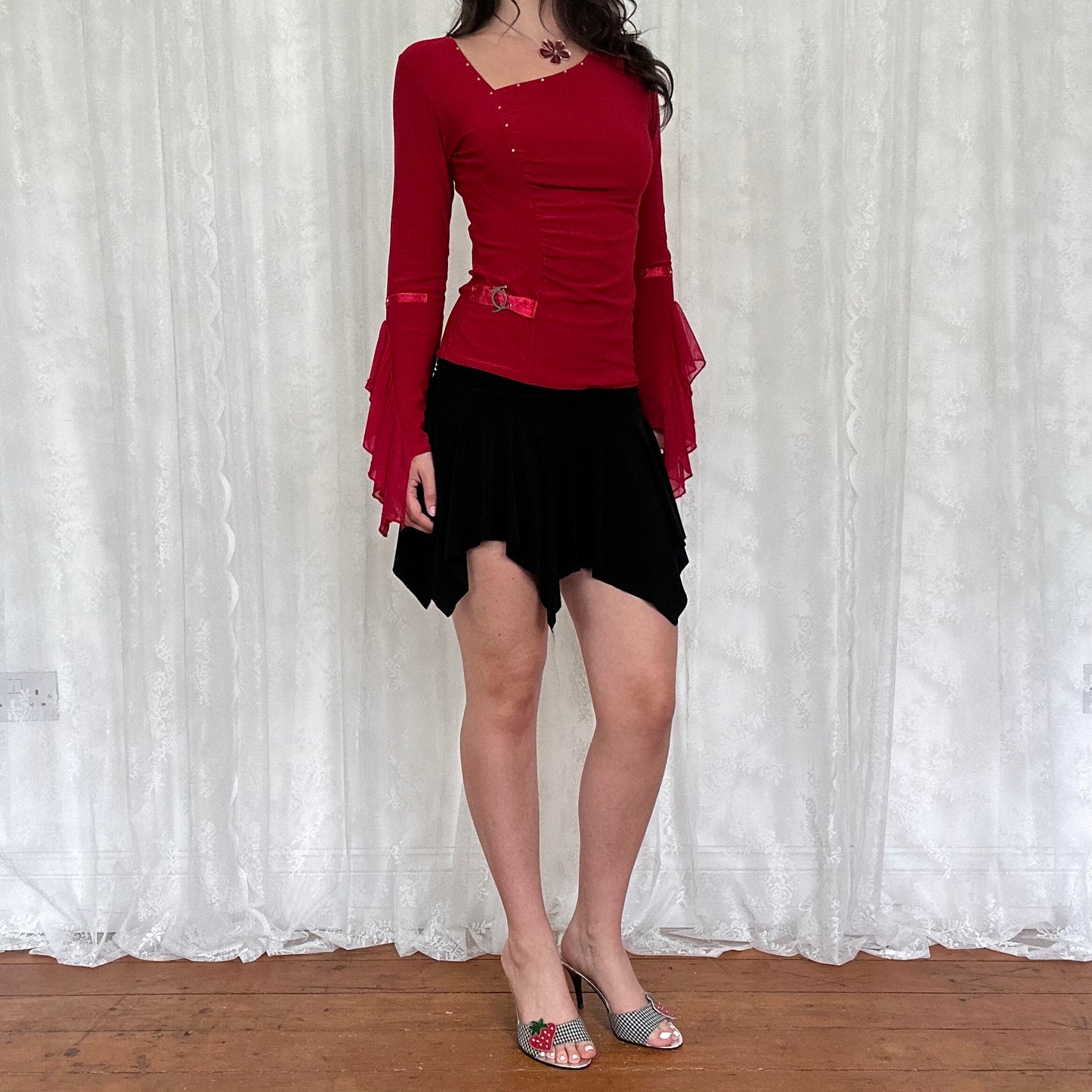 vintage 00s red asymmetrical flared sleeve top