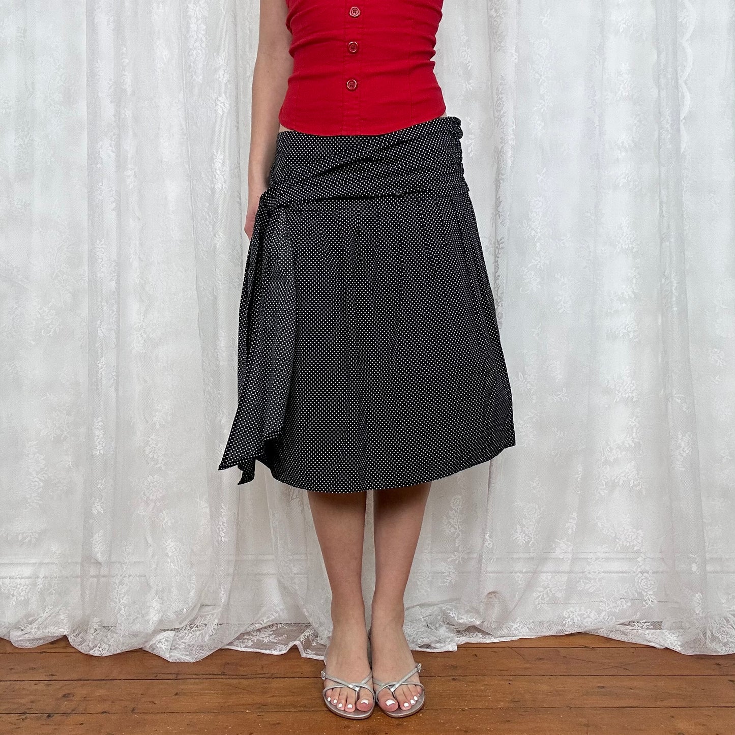 vintage 00s polka dot tie waist midi skirt
