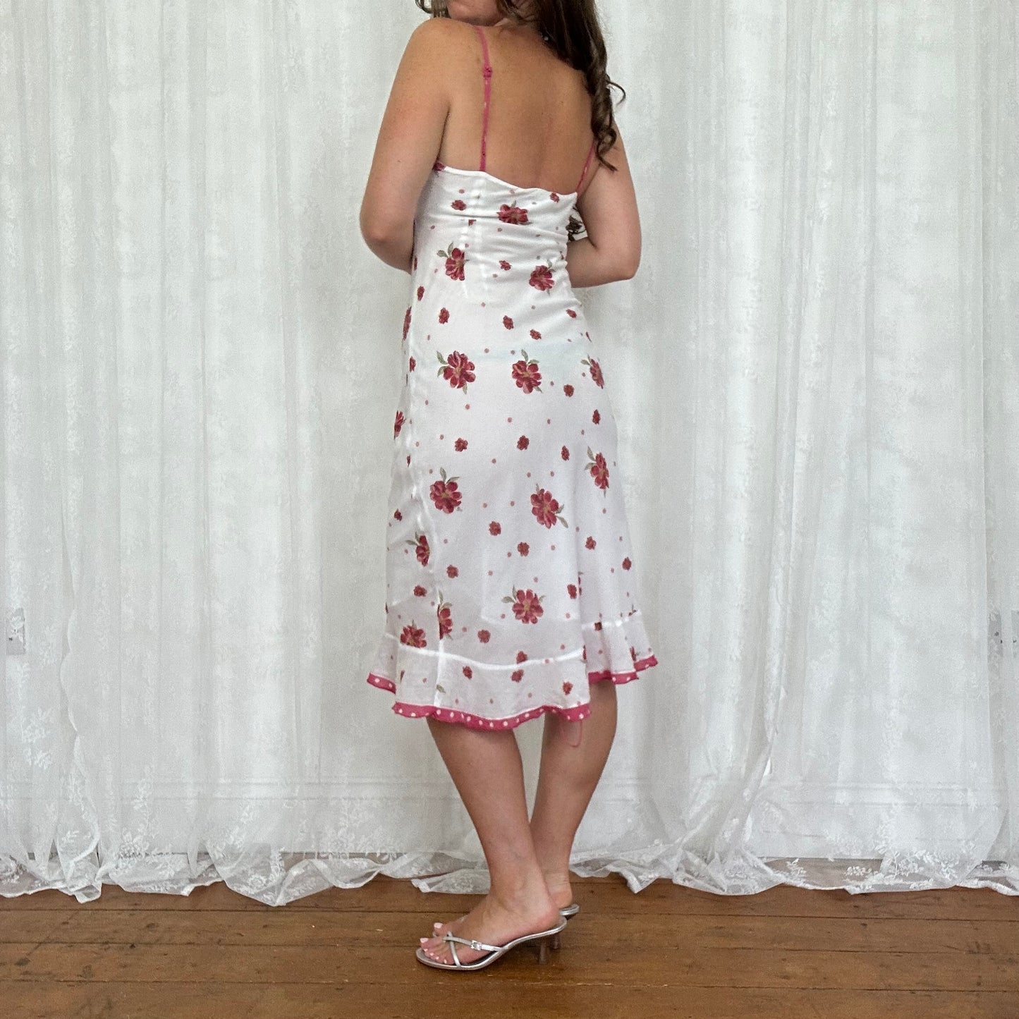 vintage 00s floral midi dress with polka dot trim