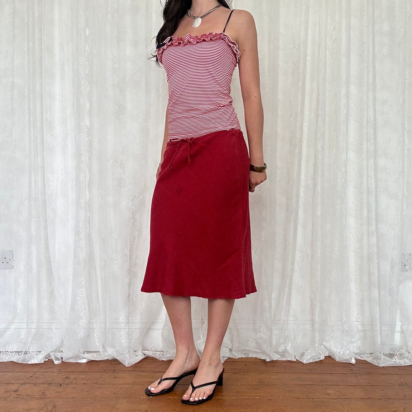vintage 00s red striped ruffle cami