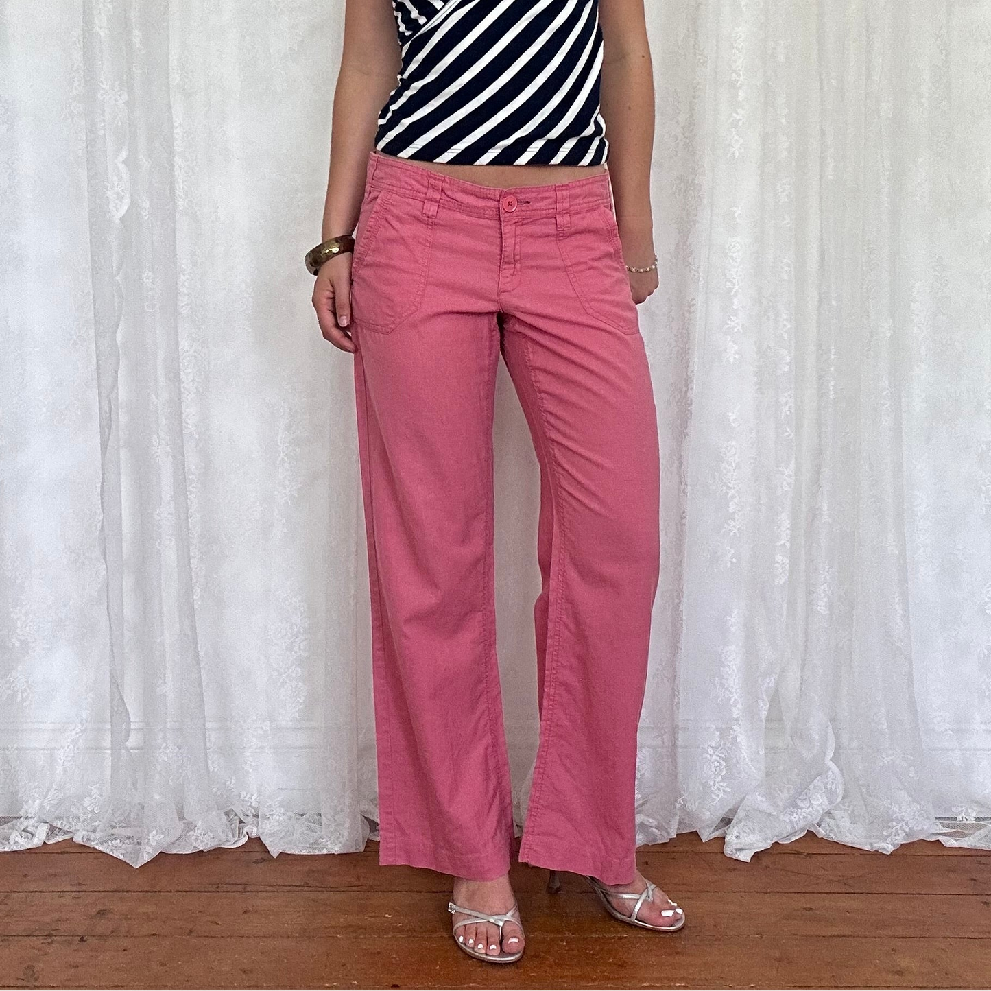 vintage 00s pink low rise wide leg linen trousers