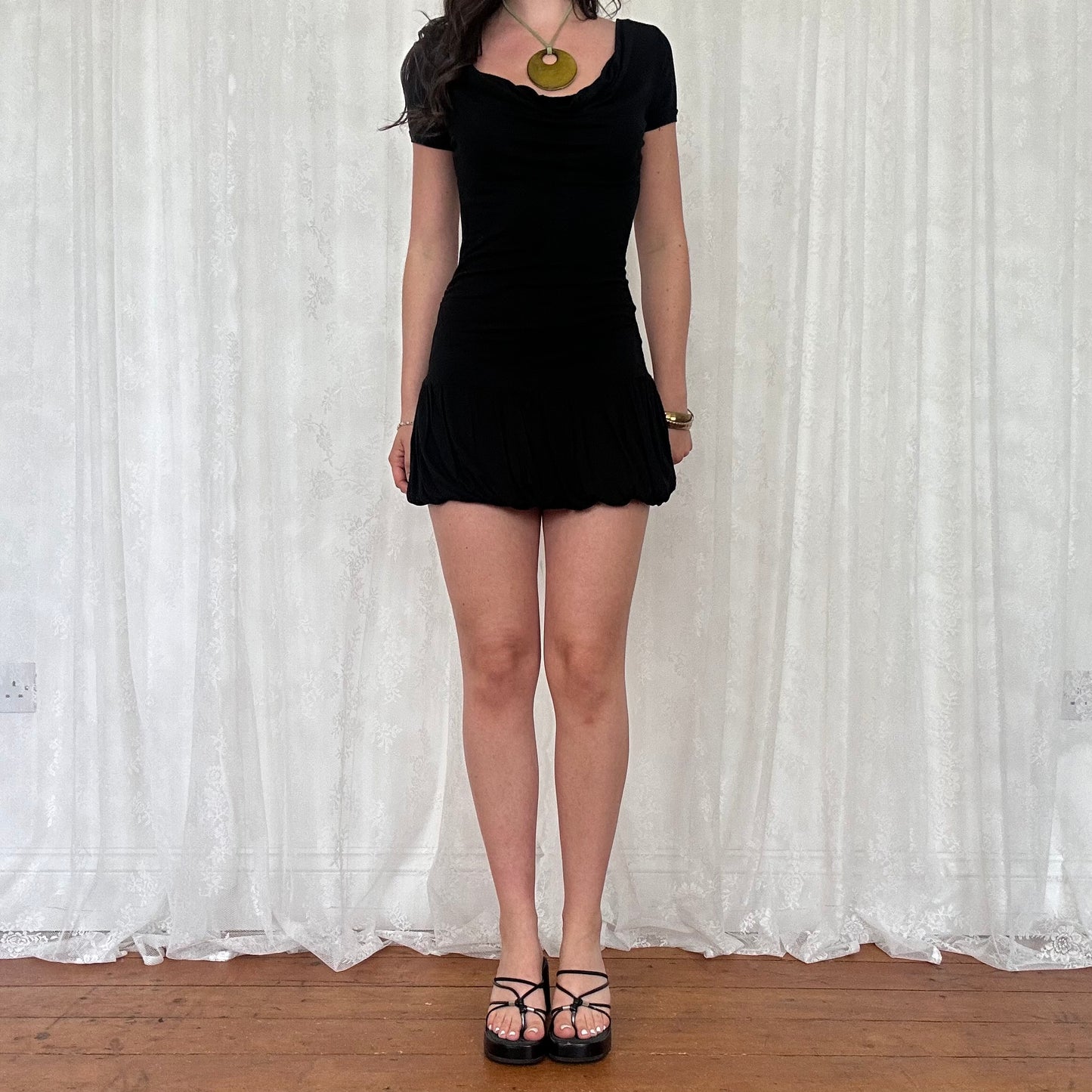 vintage 00s black cowl neck bubble mini dress