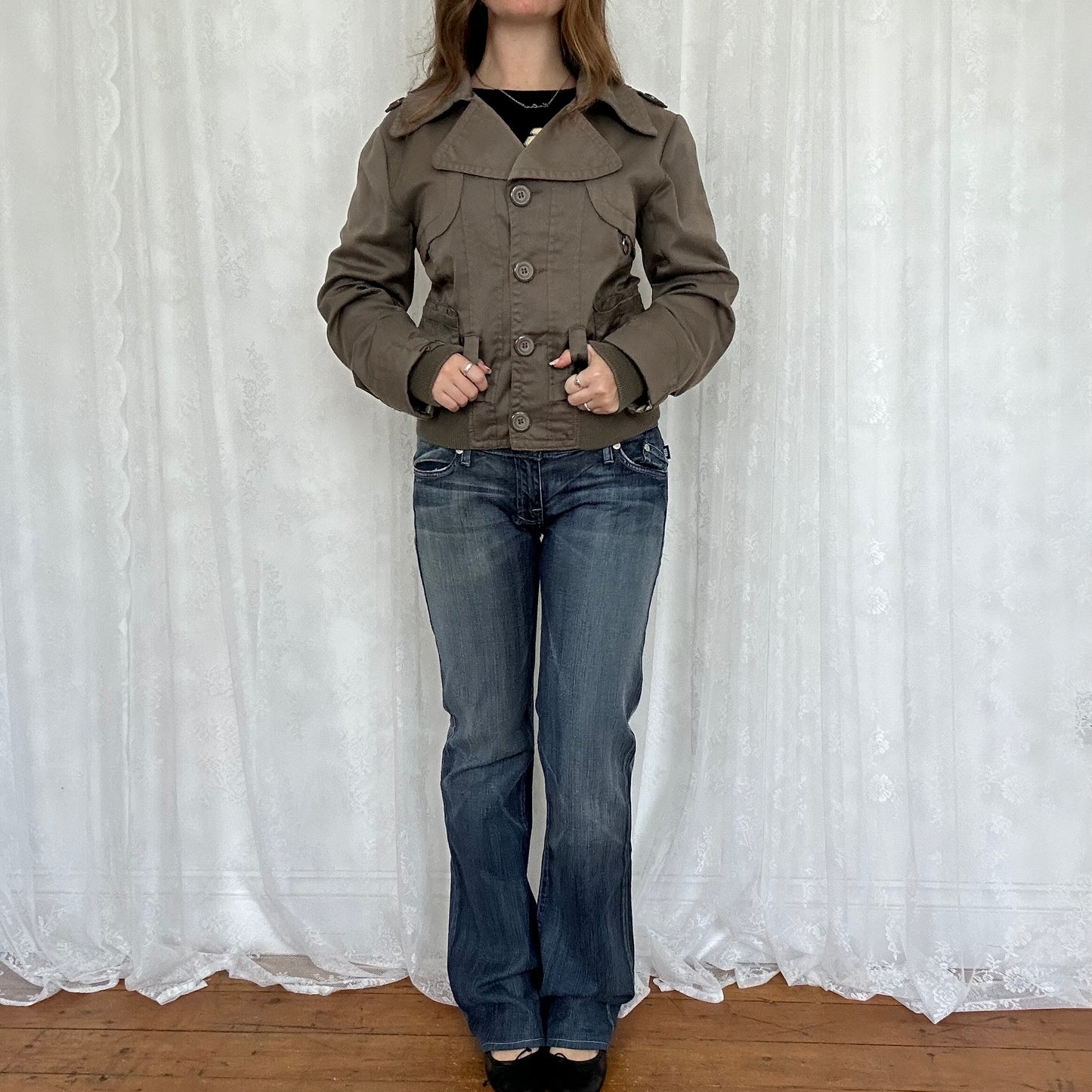vintage 00s khaki brown peacoat style bomber jacket