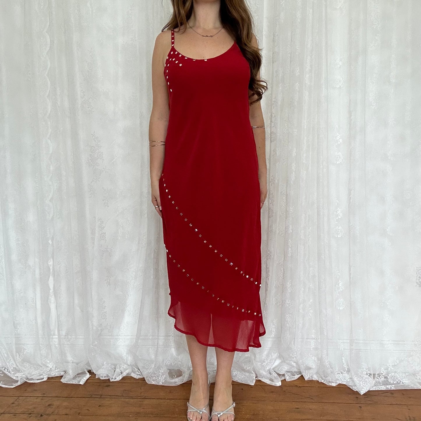 vintage 00s red stud detail midi dress