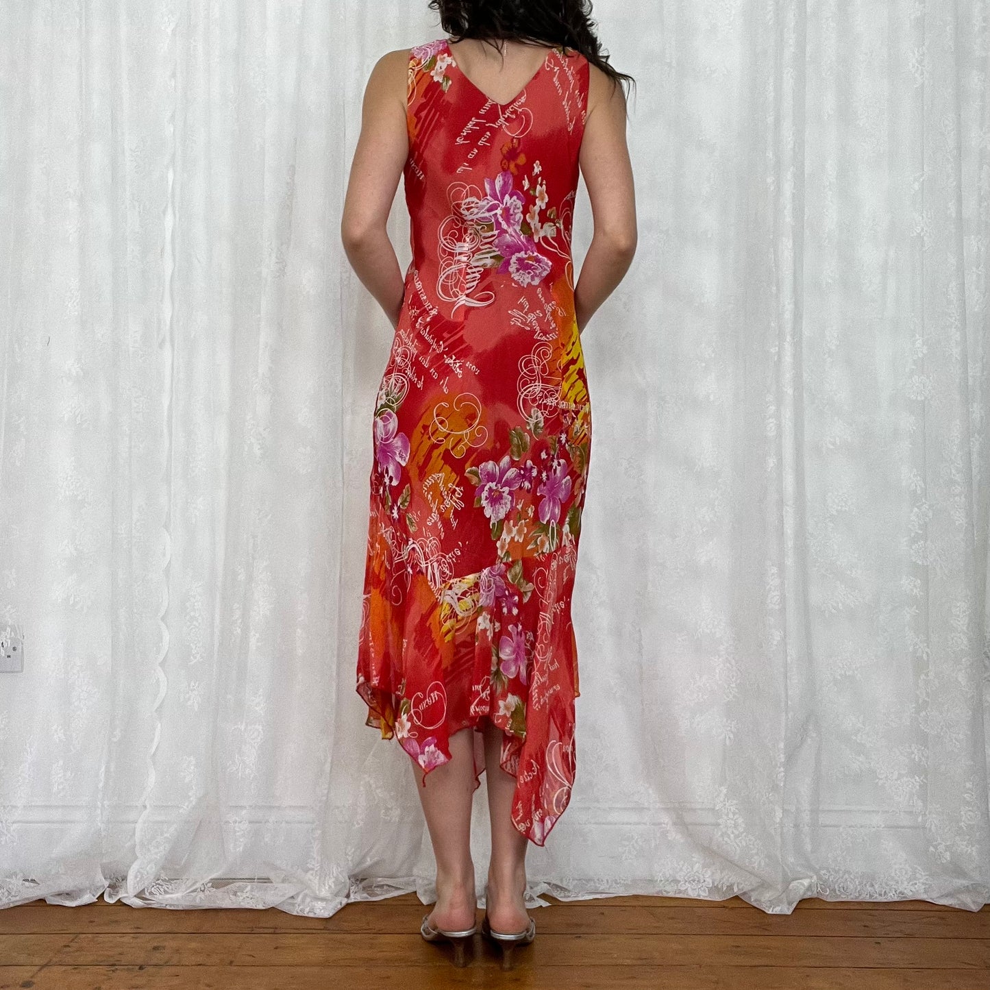vintage 00s orange floral midi dress