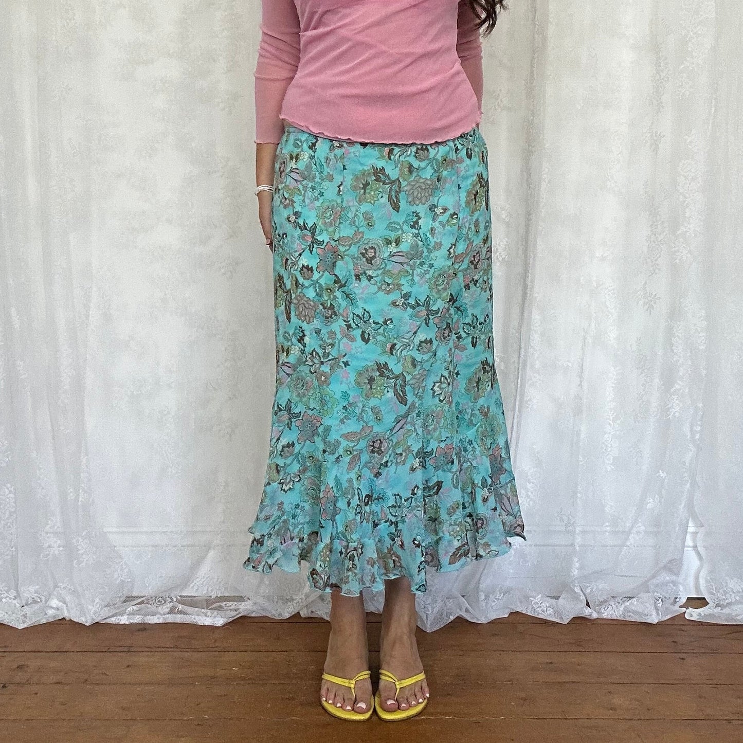vintage 00s aqua blue floral midi skirt