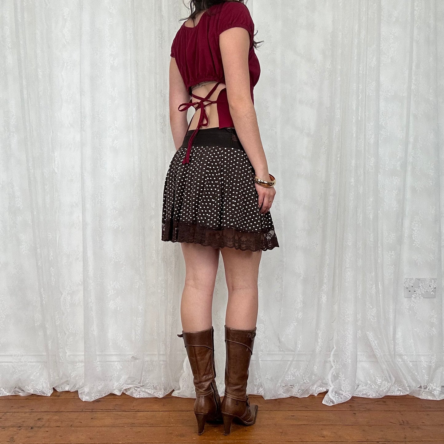 vintage 00s burgundy pimkie milkmaid tie back top