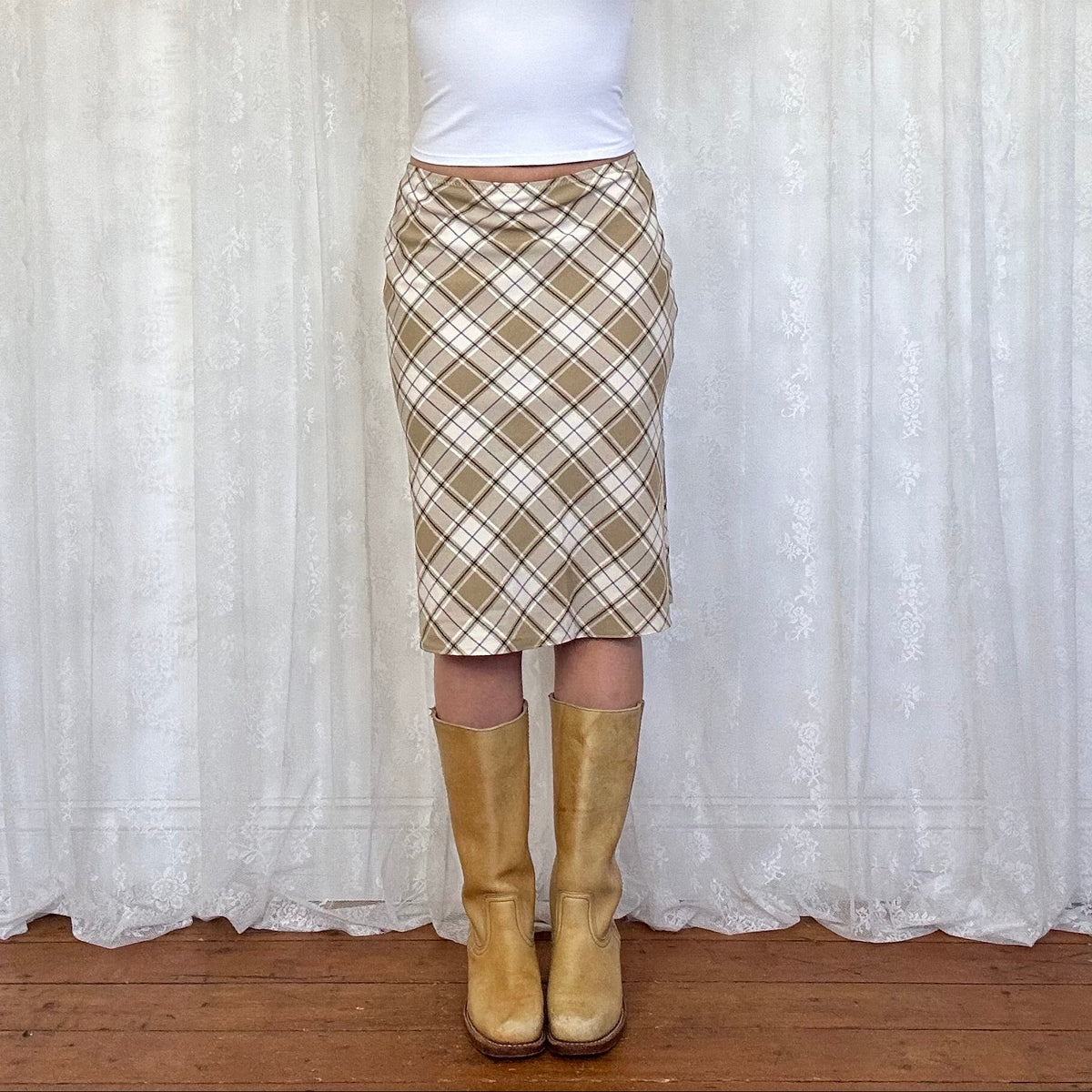 vintage 00s beige checkered midi skirt