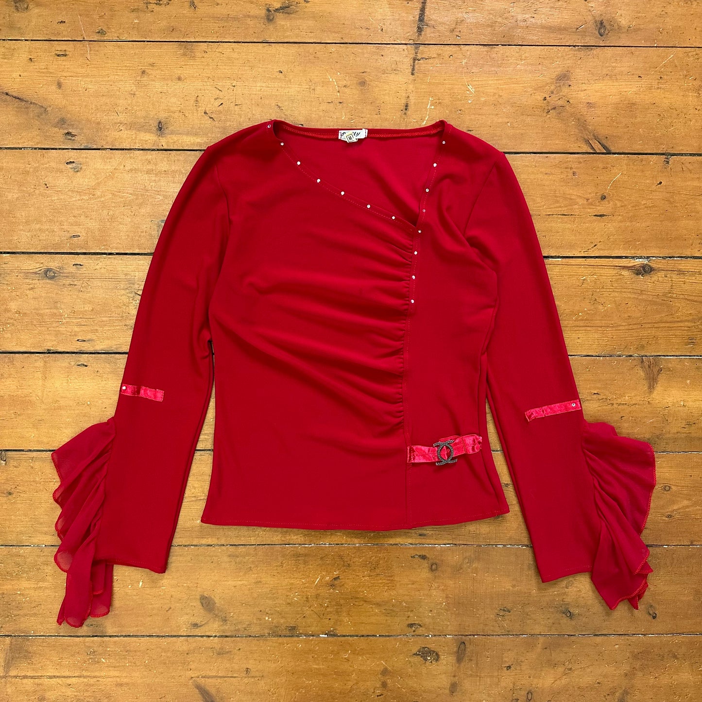 vintage 00s red asymmetrical flared sleeve top