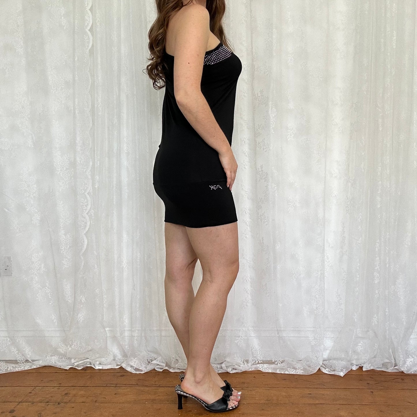 vintage 00s black one shoulder batwing mini dress