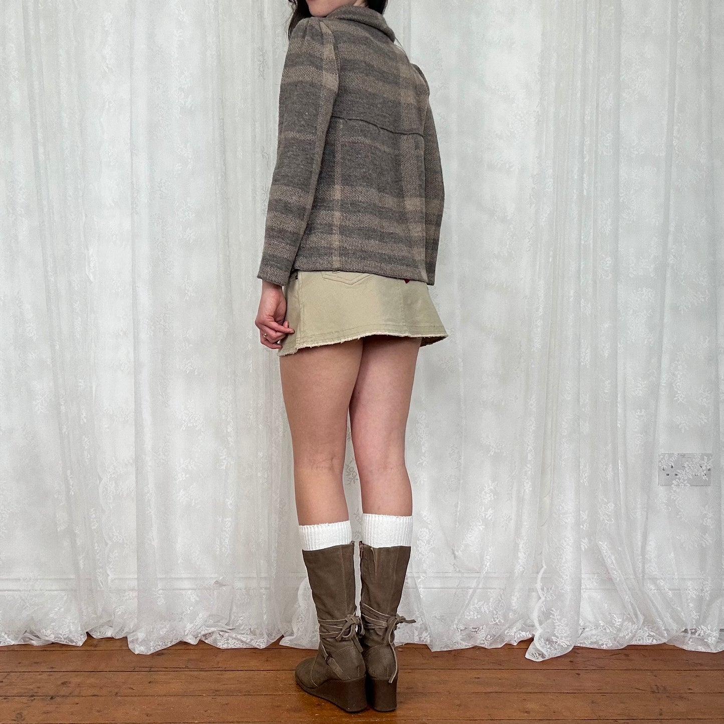 vintage 00s grey and beige knitted peacoat