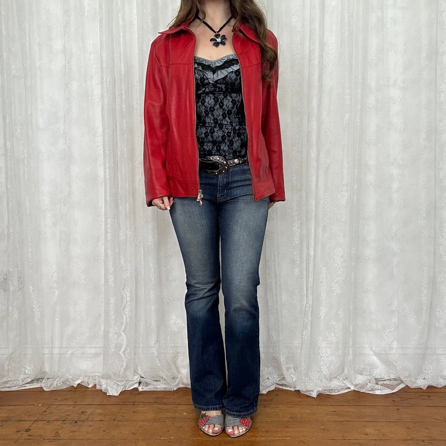 vintage 00s red dual zip leather jacket