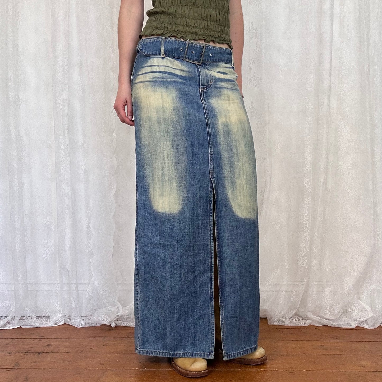 vintage 00s bleached split denim maxi skirt