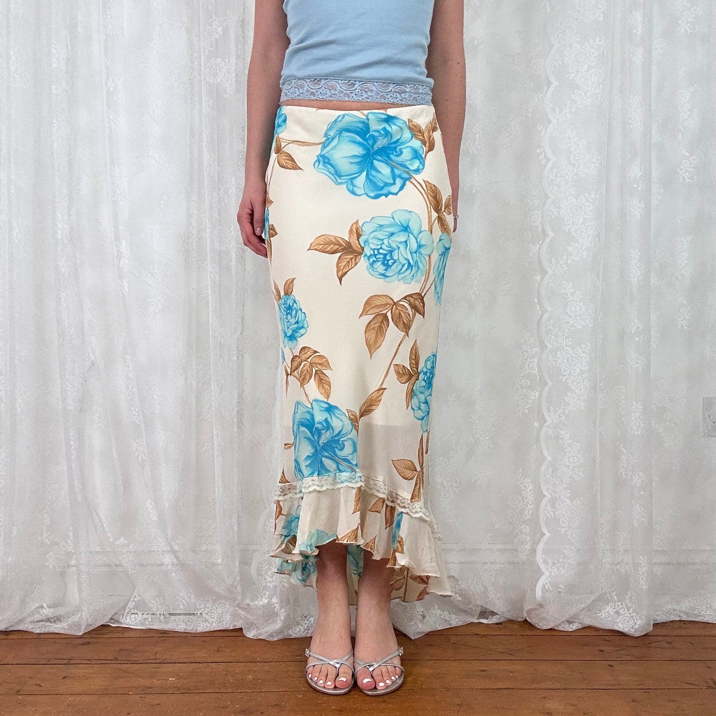 vintage 00s beige and blue floral mesh midi skirt