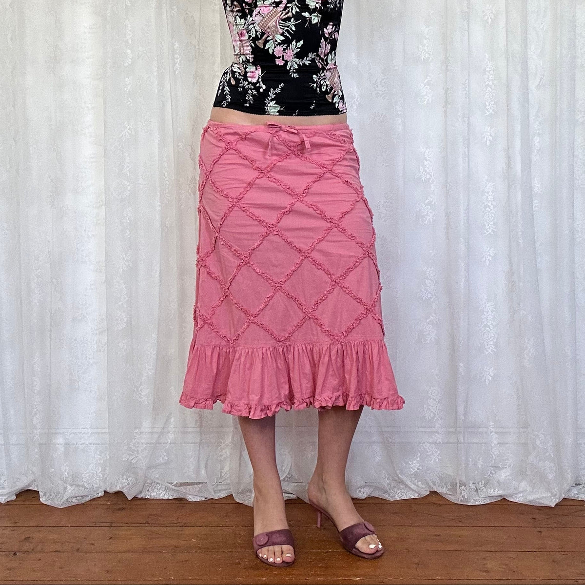 vintage 00s pink linen midi skirt