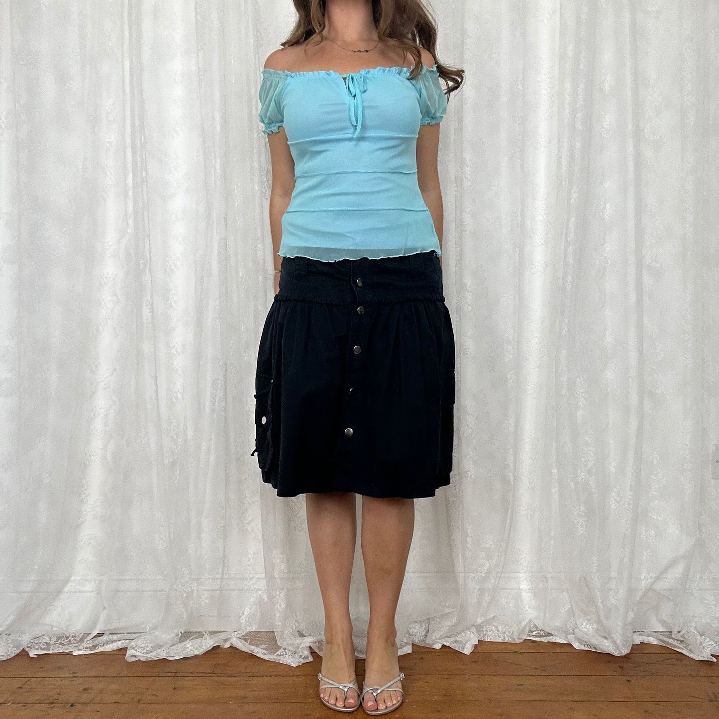 vintage 00s baby blue mesh milkmaid style top