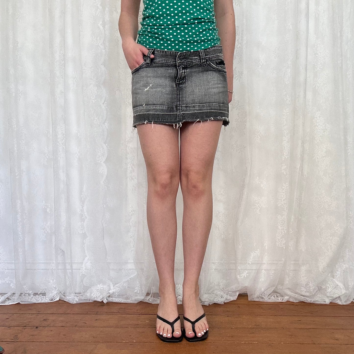 vintage 00s washed grey denim distressed mini skirt