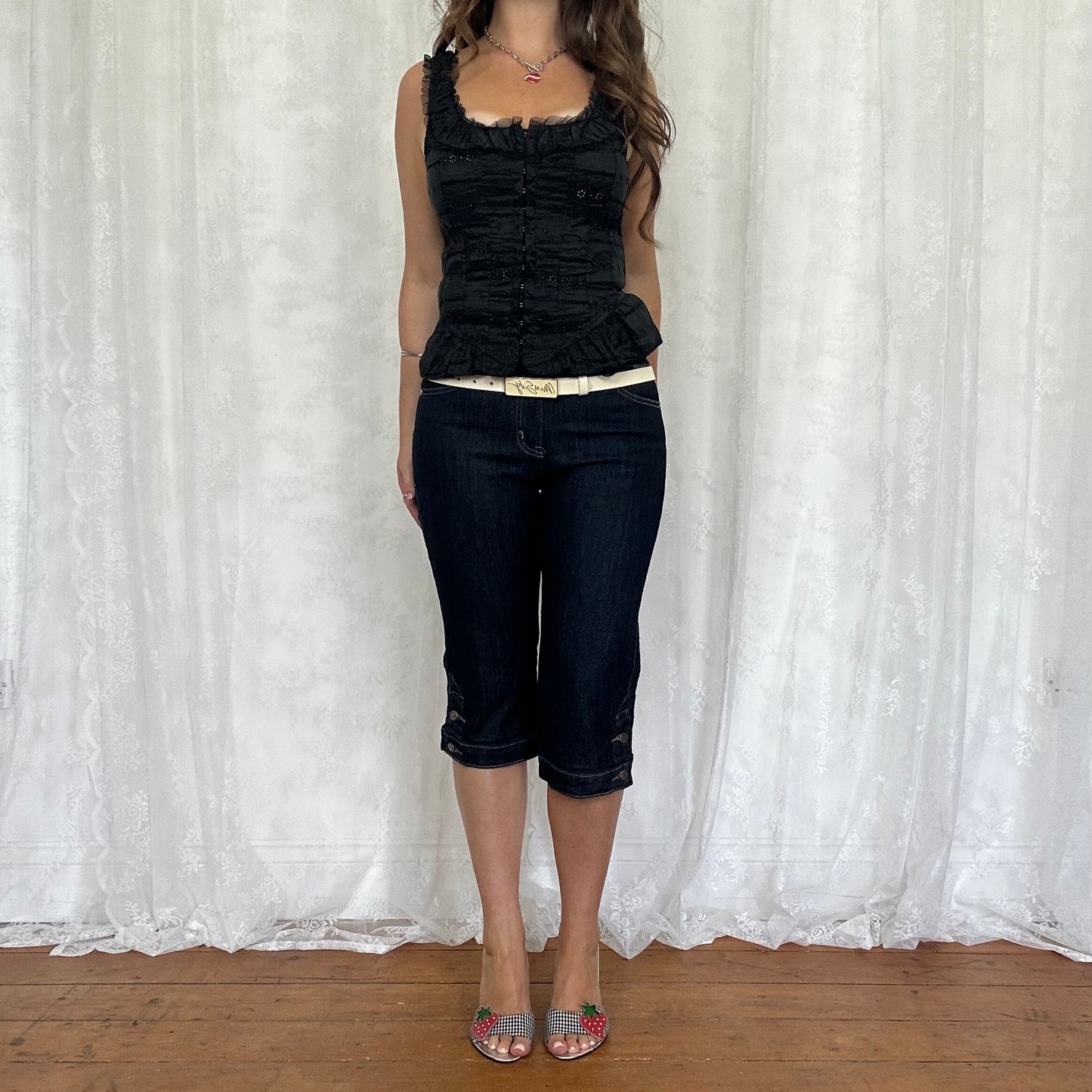 vintage 00s black broderie hook and eye top