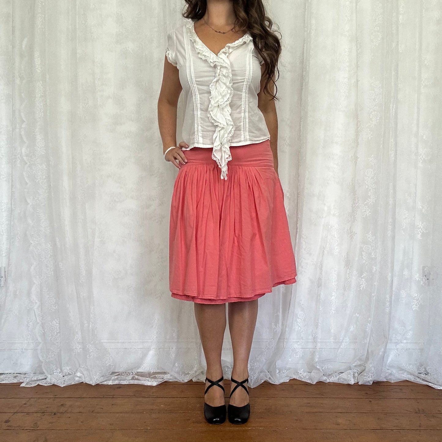 vintage 00s white lace trim short sleeve shirt
