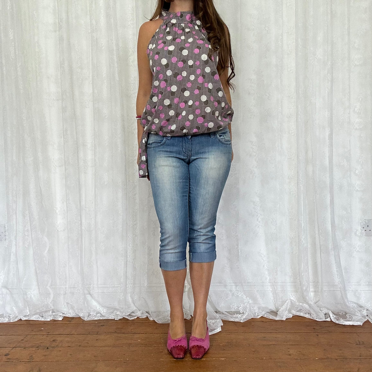 vintage 00s brown and pink polka dot top