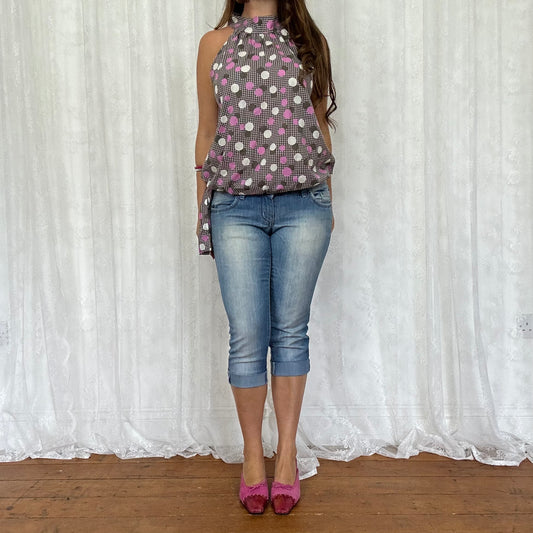 vintage 00s brown and pink polka dot top