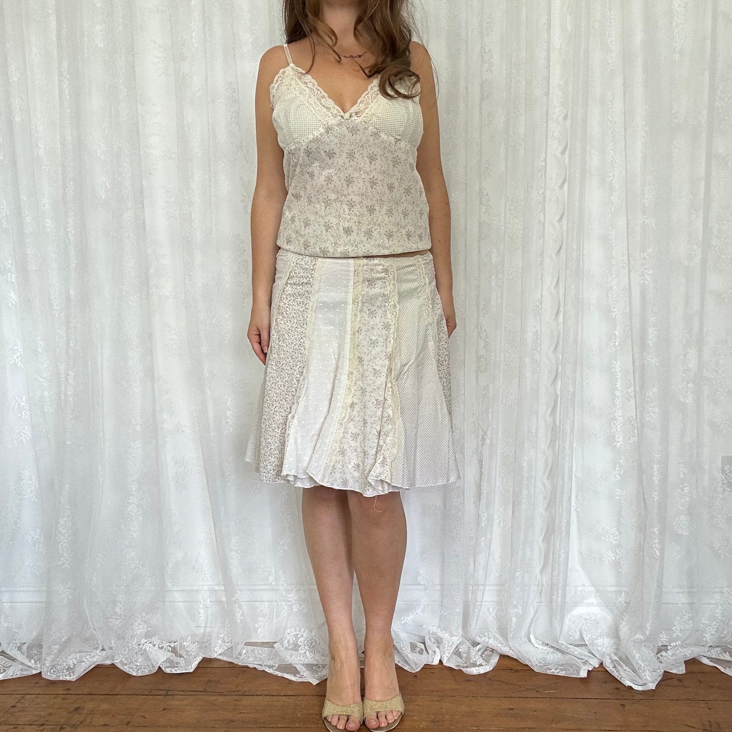 vintage 00s cream lace floral cami and skirt co ord