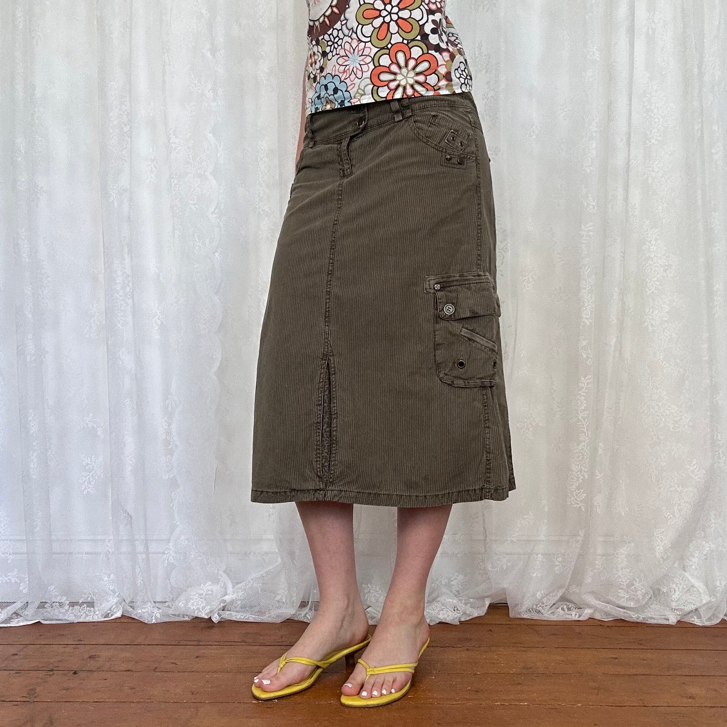 vintage 00s khaki and brown pinstripe cargo midi skirt