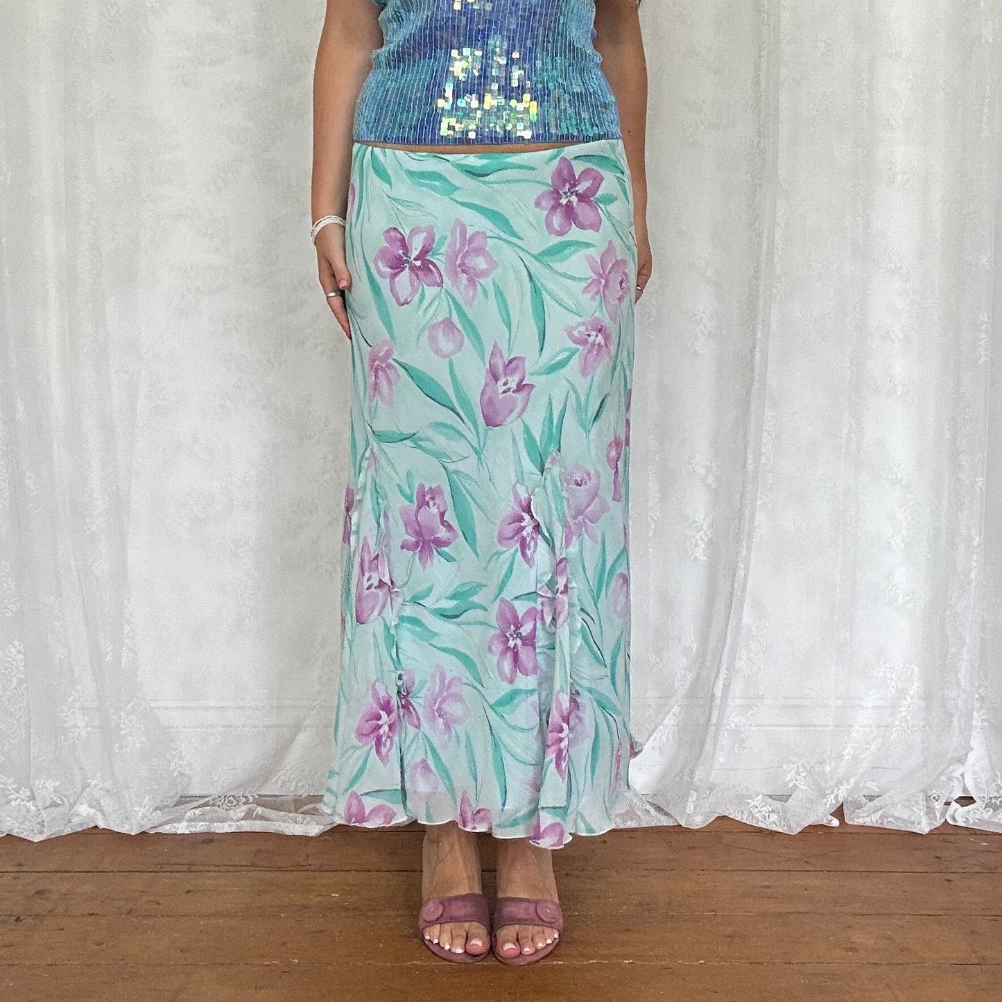 vintage 00s blue and purple floral midi skirt