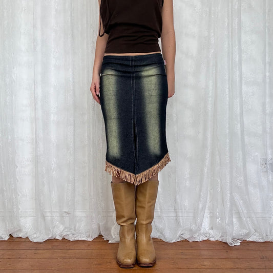 vintage 00s dark wash fringe midi skirt