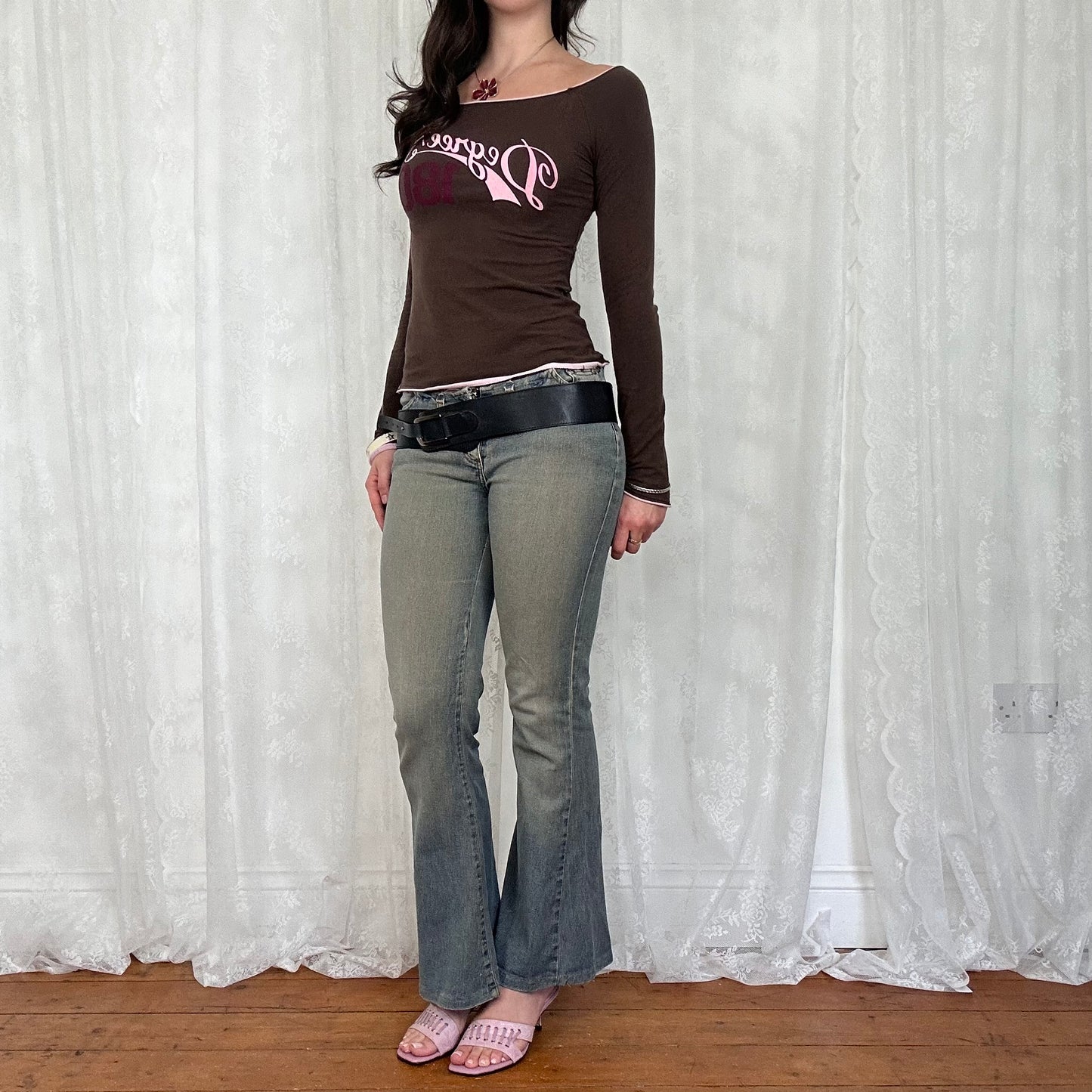 vintage 00s brown and pink off shoulder long sleeve top