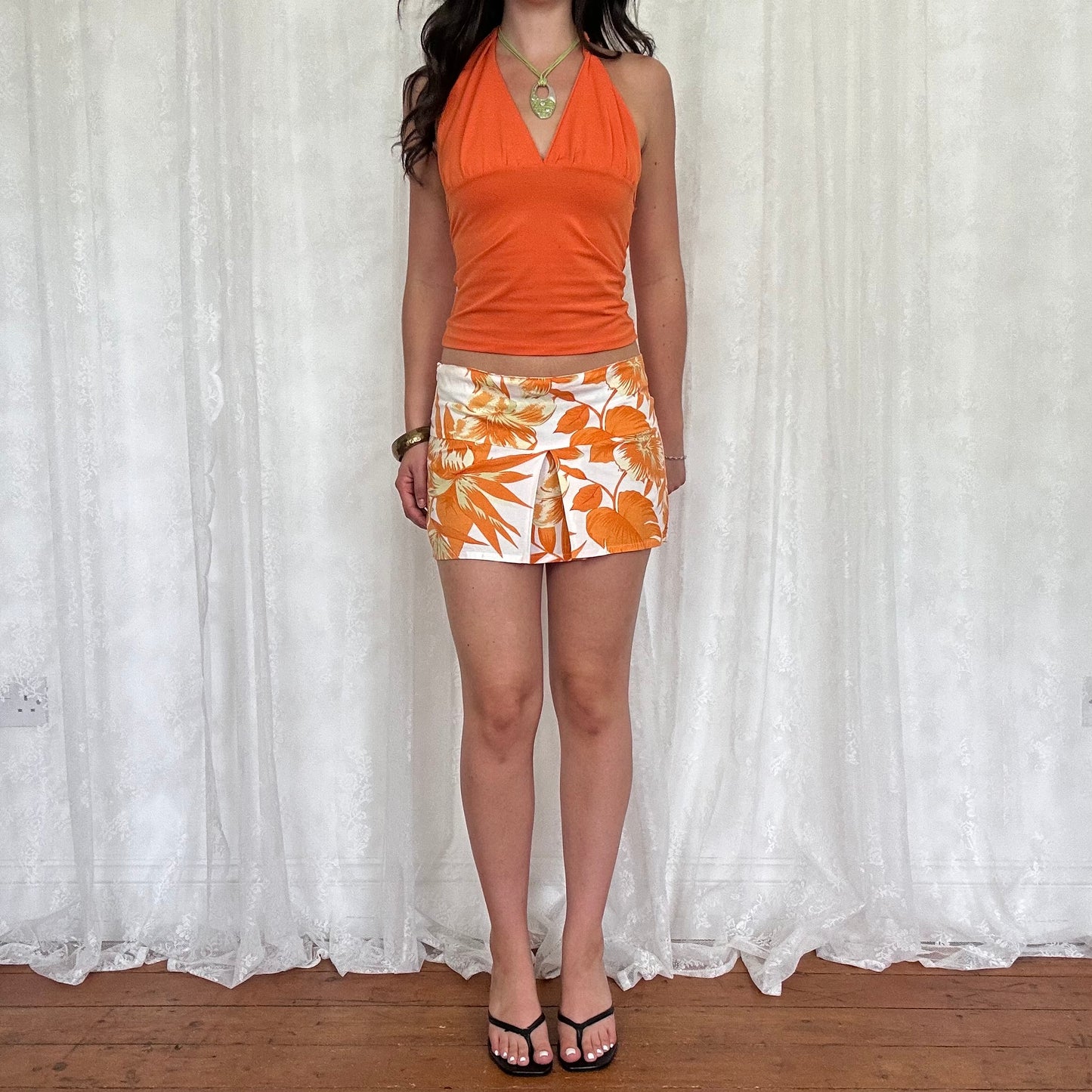 vintage 00s orange hibiscus floral mini skirt