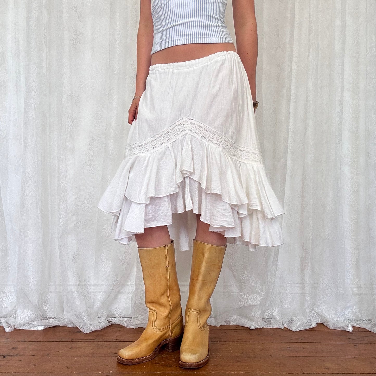 vintage 00s white ruffle hem asymmetrical midi skirt