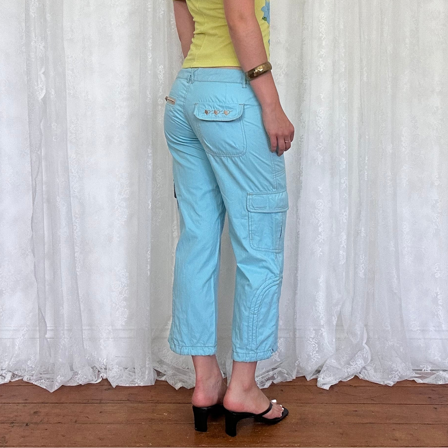 vintage 00s teal blue cropped cargo capris