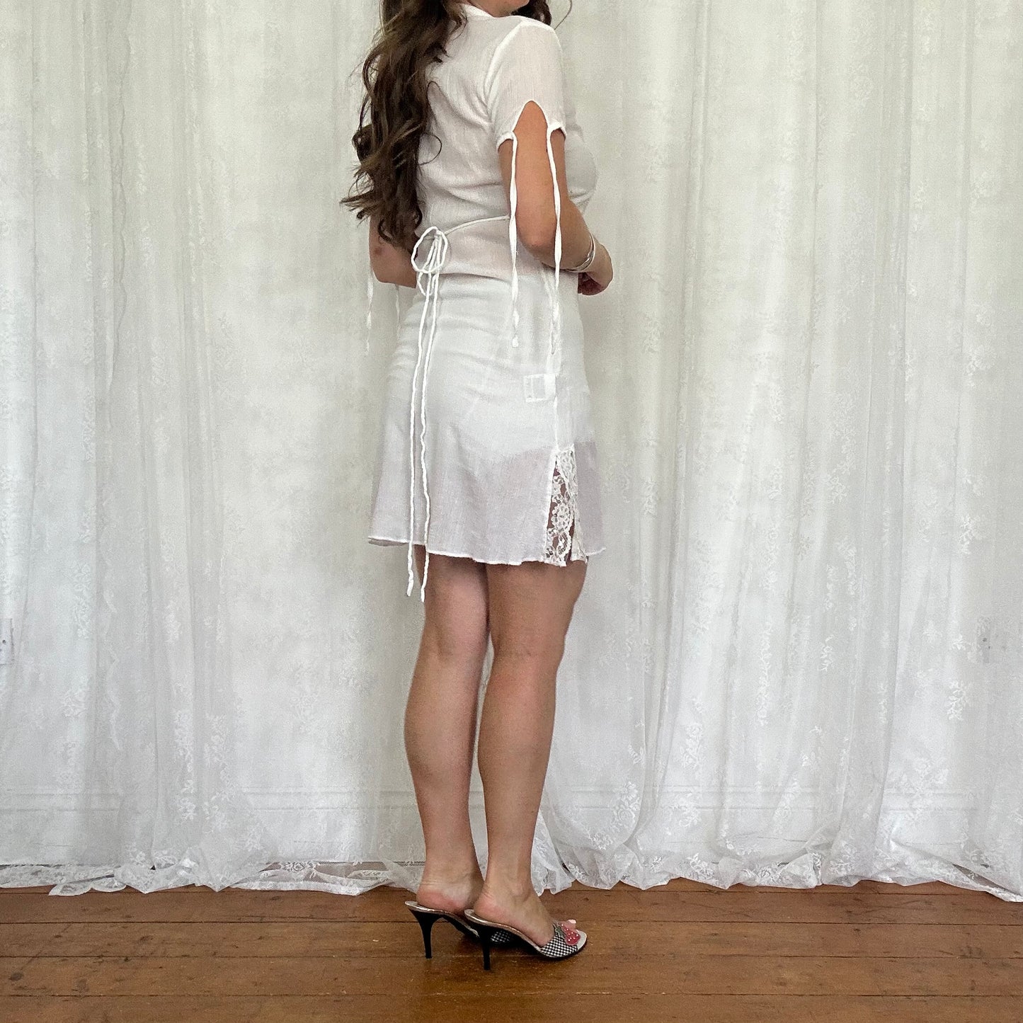 vintage 00s white sheer tie back dress