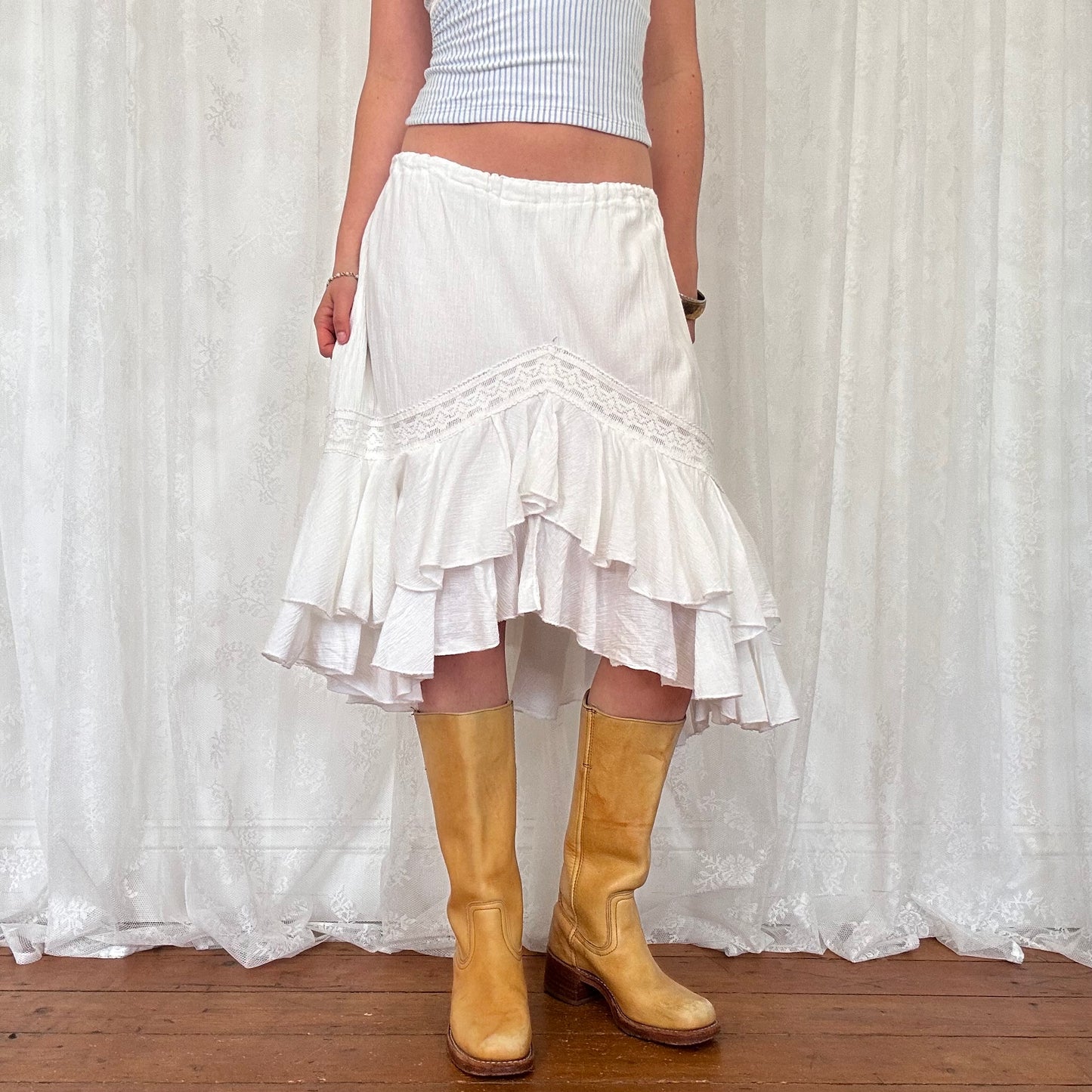 vintage 00s white ruffle hem asymmetrical midi skirt