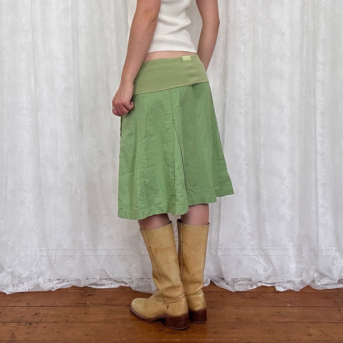 vintage 00s green fold over waistband midi skirt